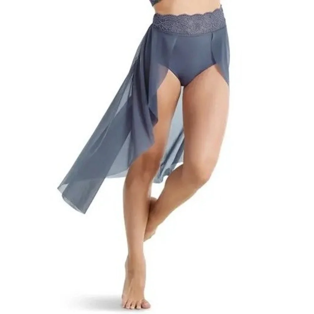 Capezio Slate Blue Mesh Cowl‎ Neck Crop Top and Lace Waistband Skirt CS